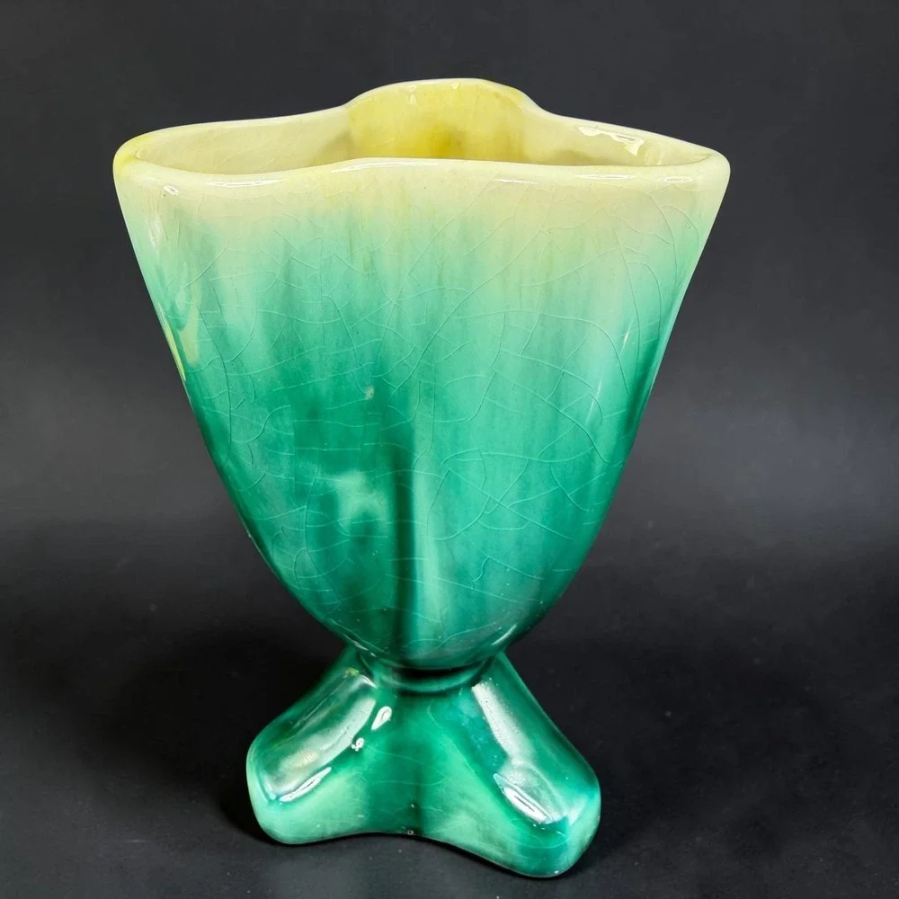 Vintage Green Ombre Crackle Glaze Ceramic Vase Tri Corner Pedestal Planter‎ Vase